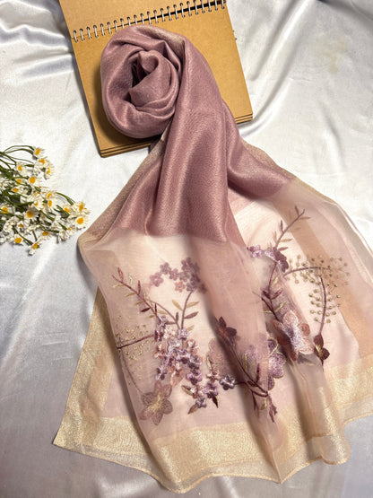 Rose Embroidered Organza- Luxury Hijabs- Lilac Muave