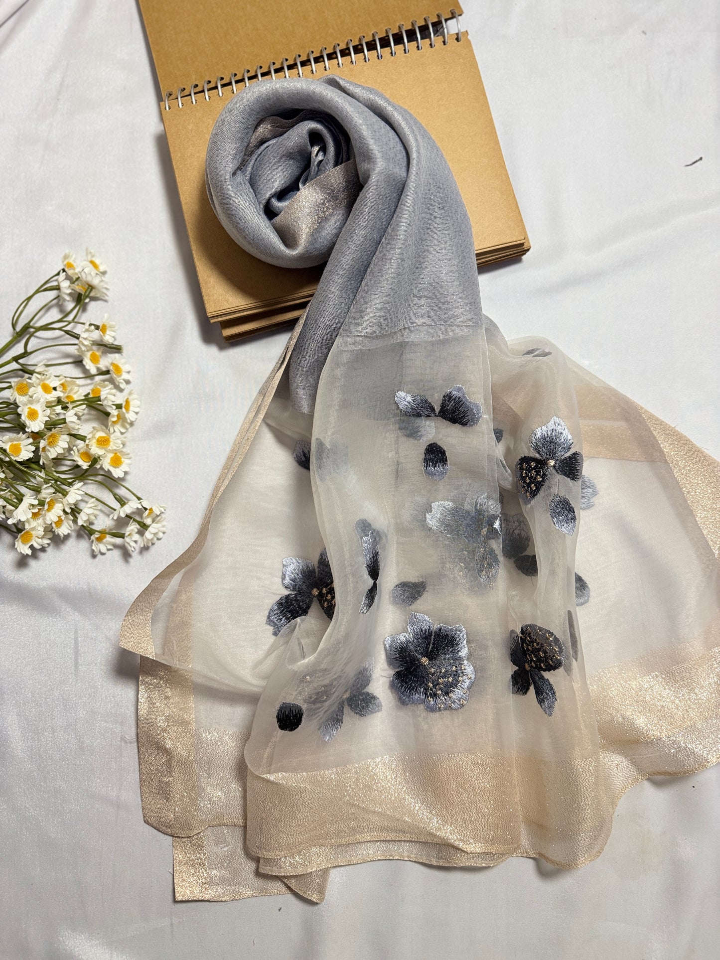 Poppy Flower Embroidered Organza- Luxury Hijabs- Silver