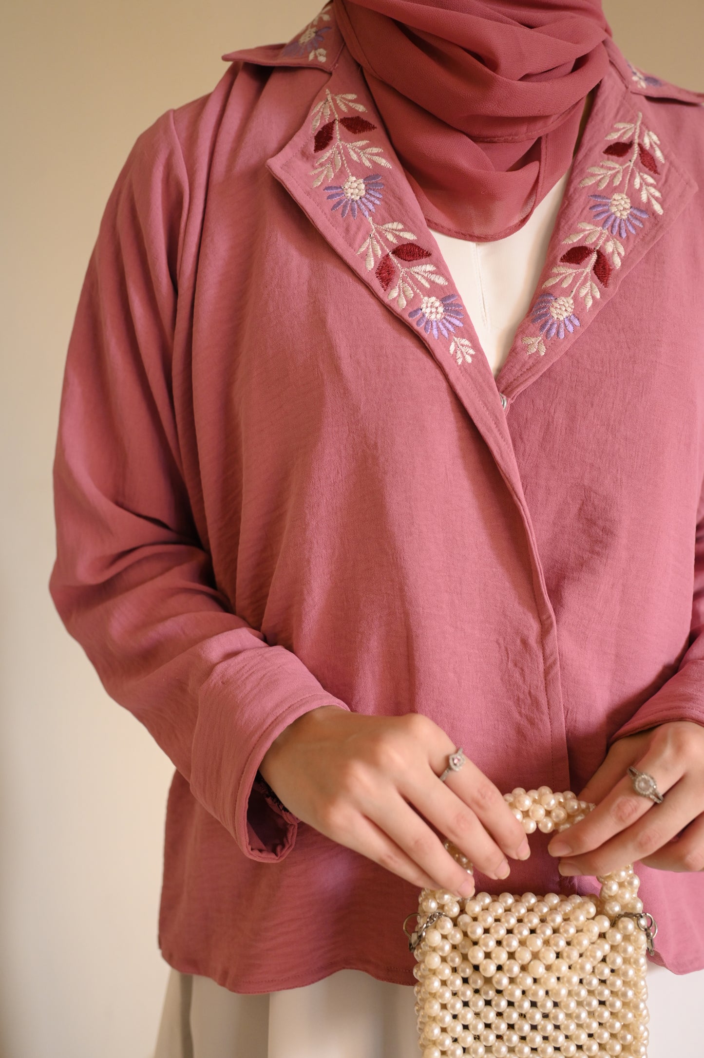 Whispering Petals-Floral Embroidered Half Jacket-  Pink