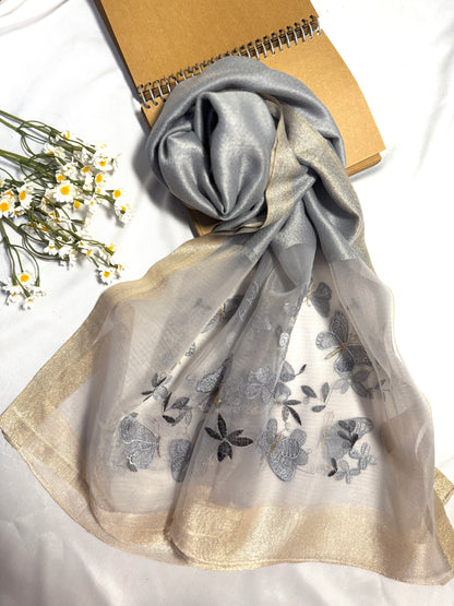 Butterfly Embroidered Organza- Luxury Hijabs- Silver