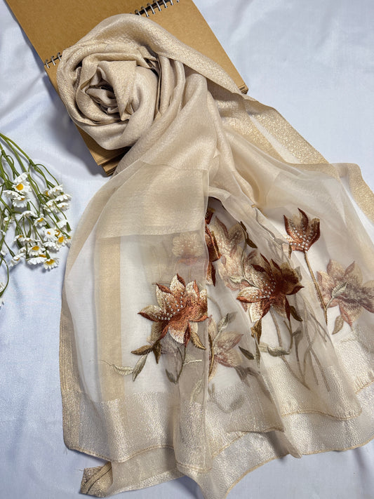 Lilies Embroidered Organza- Luxury Hijabs- Nude Gold