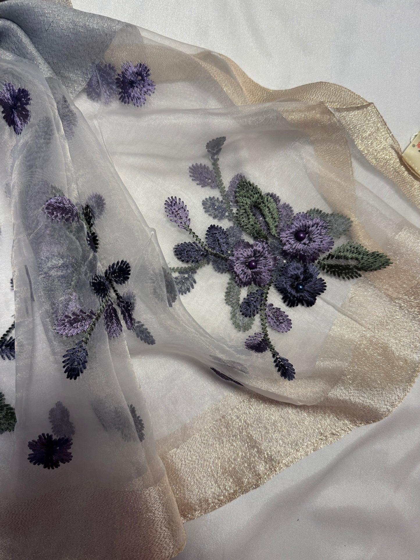 Pearl Floral Embroidered Organza- Luxury Hijabs- Silver