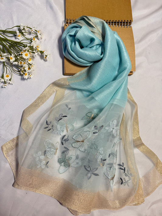Butterfly Embroidered Organza- Luxury Hijabs- Ice Blue