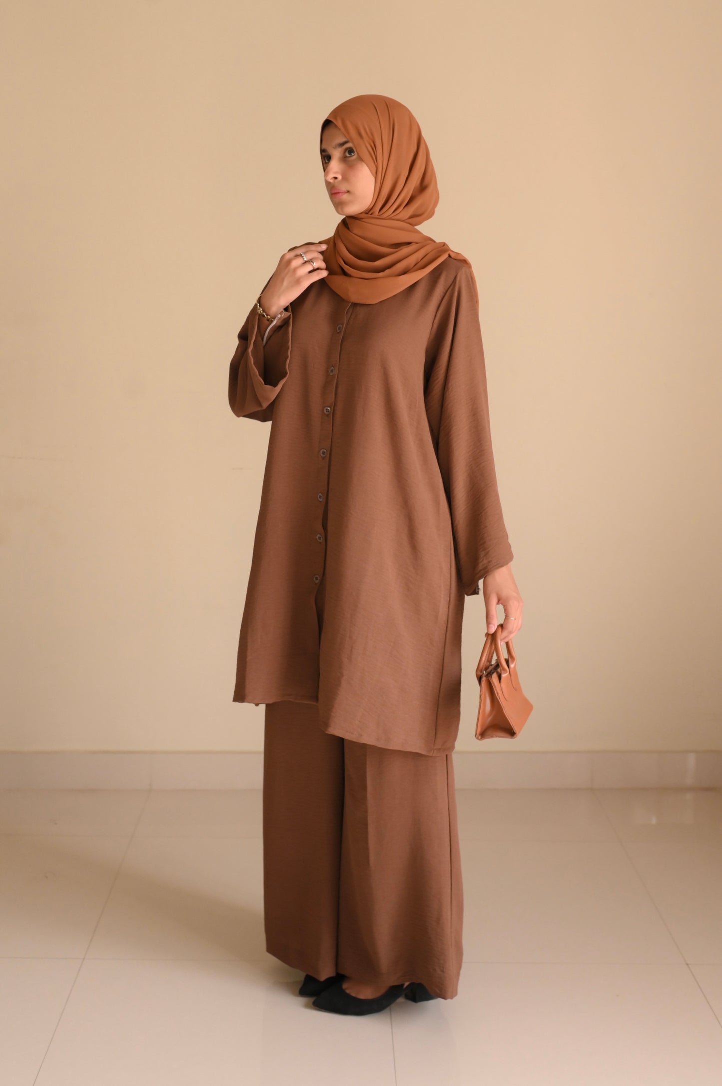 Button Down-Modest Coord Set- Coffee Brown