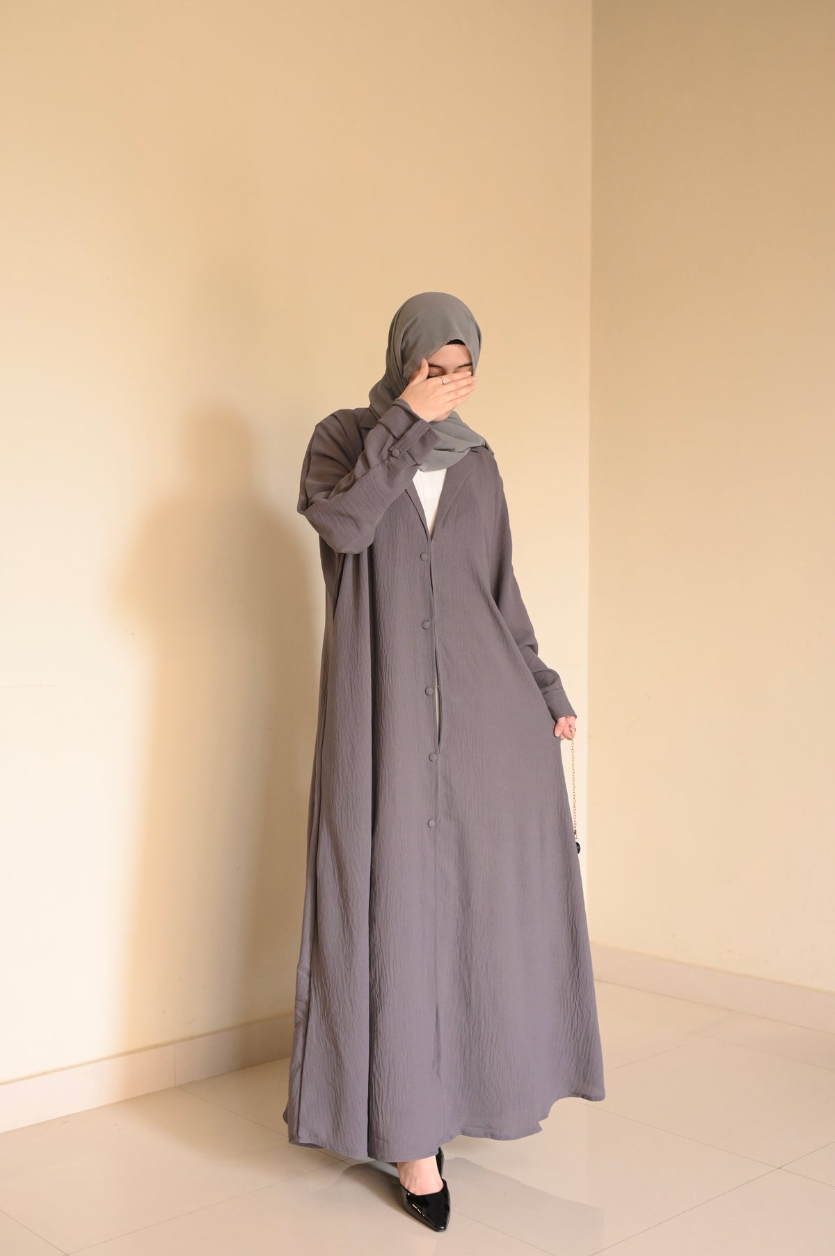 Turkish Staple Coat Abaya- Grey