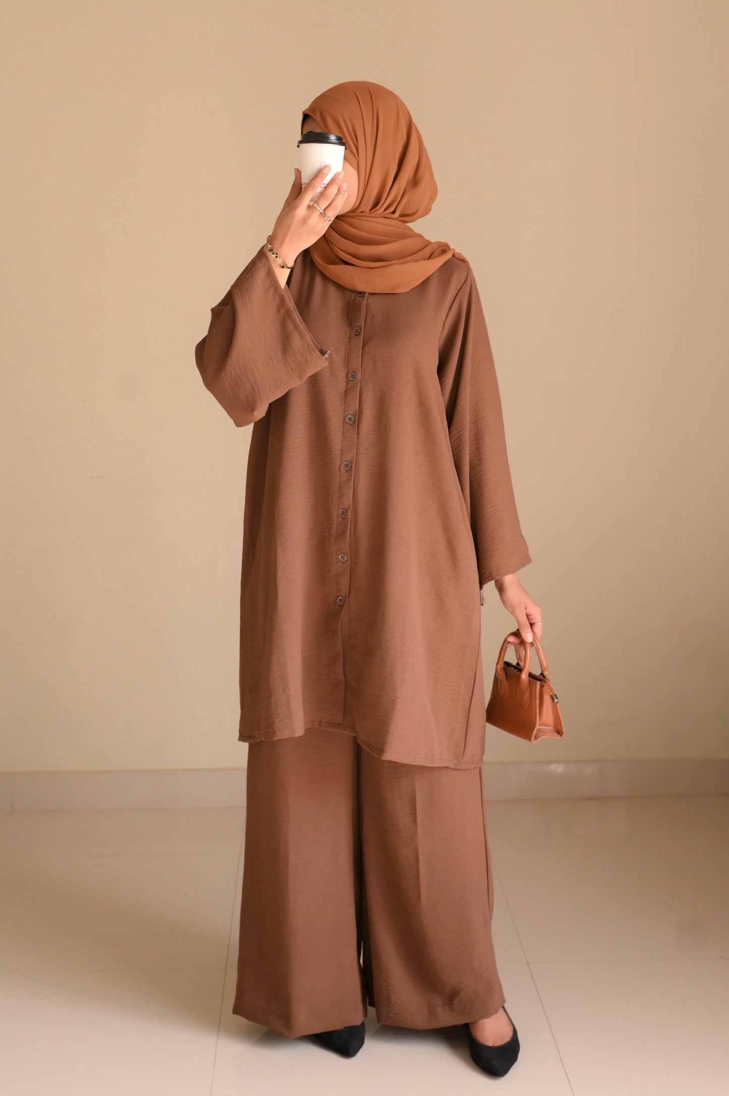 Button Down-Modest Coord Set- Coffee Brown