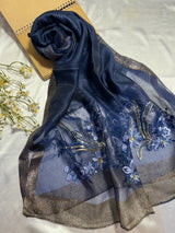 Sequins Floral Embroidered Organza- Luxury Hijabs- Navy Blue