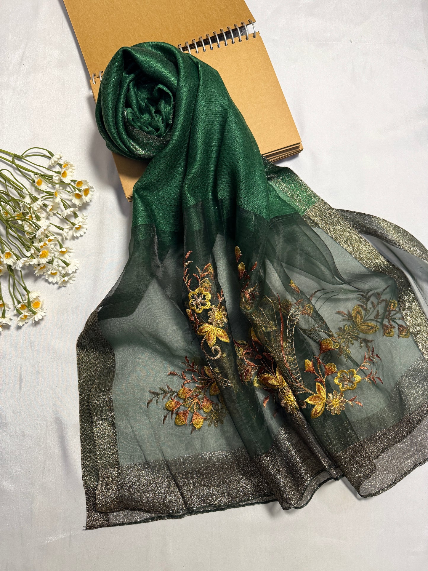 Daffodils Embroidered Organza- Luxury Hijabs- Dark Green