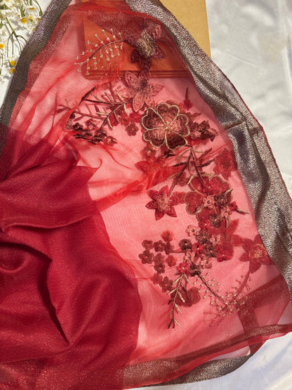 Rose Embroidered Organza- Luxury Hijabs- Maroon