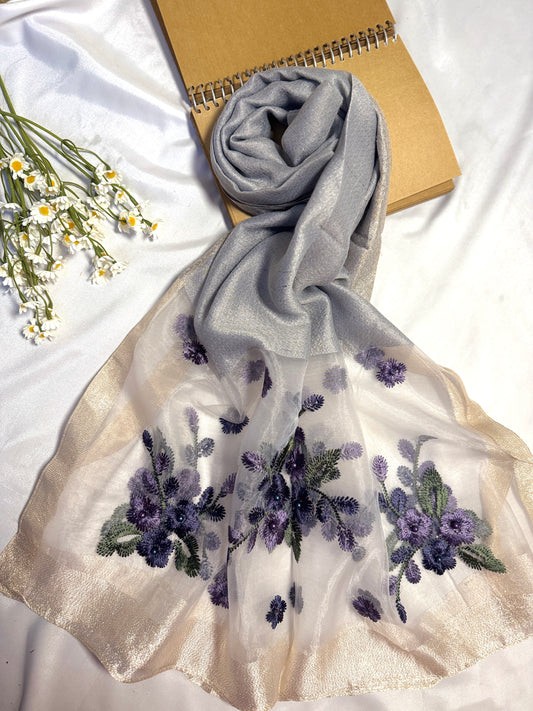 Pearl Floral Embroidered Organza- Luxury Hijabs- Silver