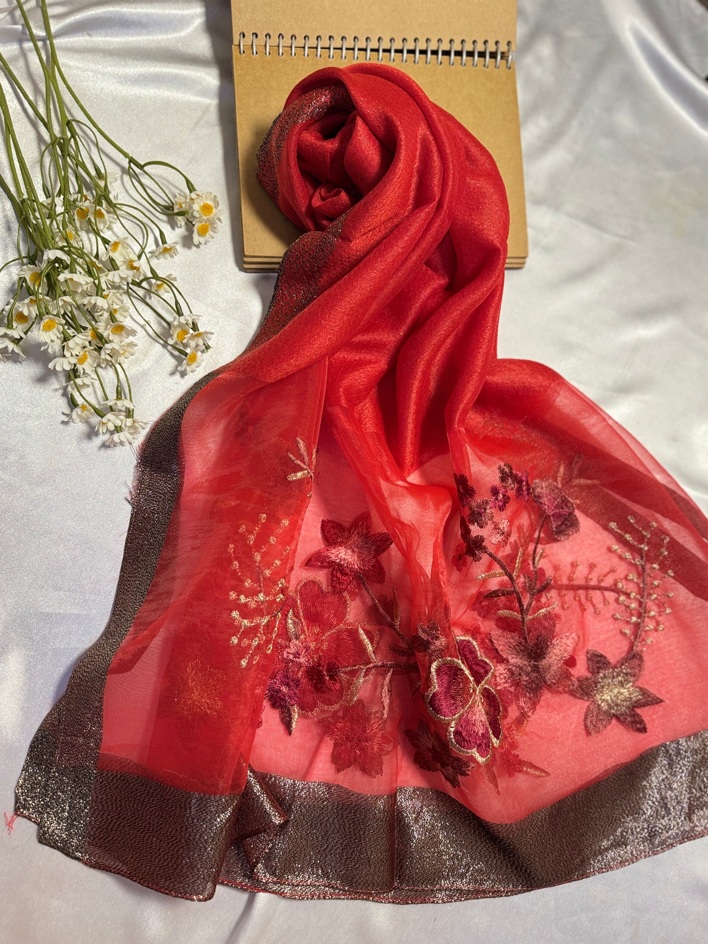 Rose Embroidered Organza- Luxury Hijabs- Red