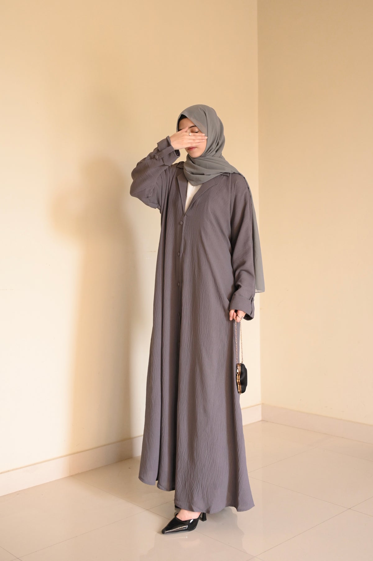 Turkish Staple Coat Abaya- Grey