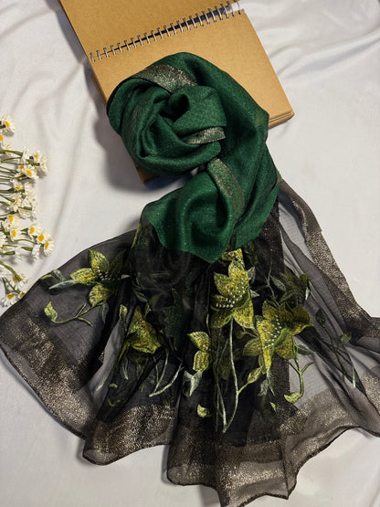 Lilies Embroidered Organza- Luxury Hijabs- Dark Green