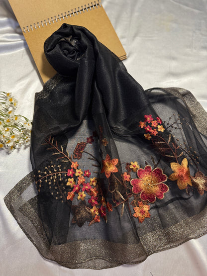 Rose Embroidered Organza- Luxury Hijabs- Black