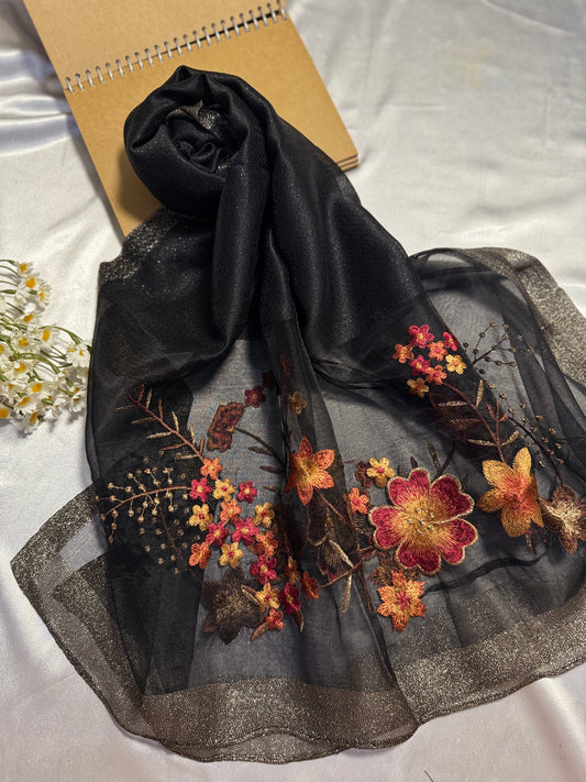 Rose Embroidered Organza- Luxury Hijabs- Black