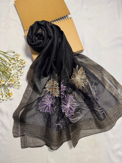 Daffodils Embroidered Organza- Luxury Hijabs- Black