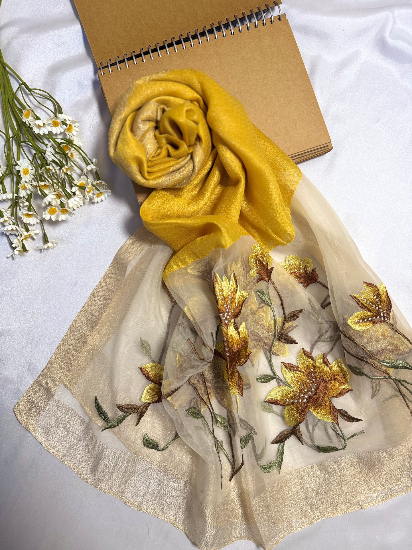 Lilies Embroidered Organza- Luxury Hijabs- Mustard Yellow