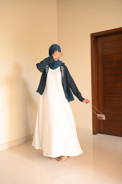 Whispering Petals-Floral Embroidered Half Jacket- Teal