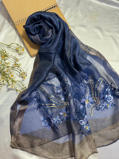 Sequins Floral Embroidered Organza- Luxury Hijabs- Navy Blue